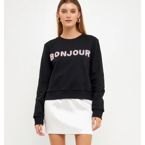 Endless Rose Sweatshirt Womens Small Black Bonjour Lettering Beads Pullover - Picture 1 of 12